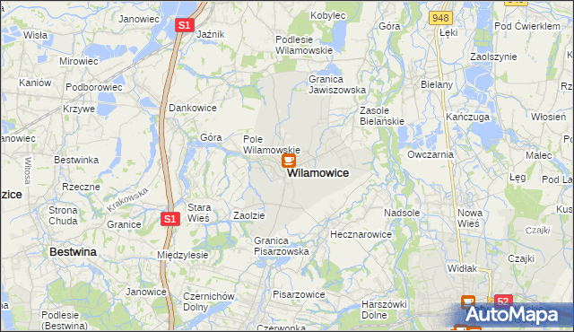 mapa Wilamowice powiat bielski, Wilamowice powiat bielski na mapie Targeo