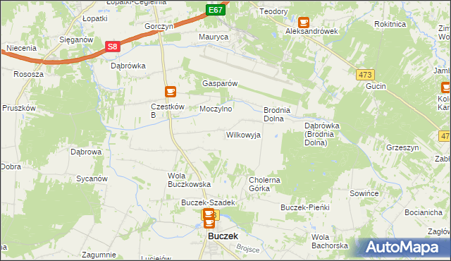 mapa Wilkowyja gmina Buczek, Wilkowyja gmina Buczek na mapie Targeo