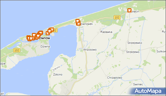 mapa Wrzosowo gmina Kamień Pomorski, Wrzosowo gmina Kamień Pomorski na mapie Targeo