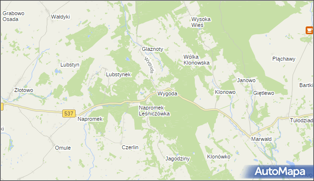 mapa Wygoda gmina Ostróda, Wygoda gmina Ostróda na mapie Targeo