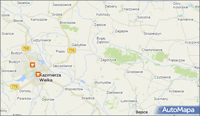 mapa Zagórzyce gmina Kazimierza Wielka, Zagórzyce gmina Kazimierza Wielka na mapie Targeo