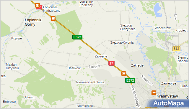 mapa Zakręcie gmina Krasnystaw, Zakręcie gmina Krasnystaw na mapie Targeo