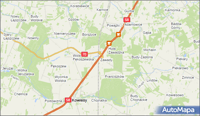 mapa Zawady gmina Kowiesy, Zawady gmina Kowiesy na mapie Targeo
