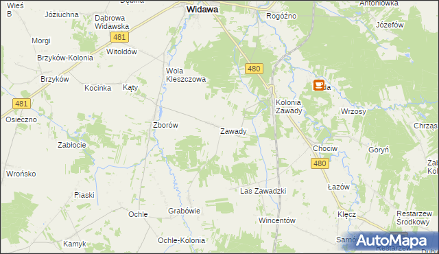 mapa Zawady gmina Widawa, Zawady gmina Widawa na mapie Targeo