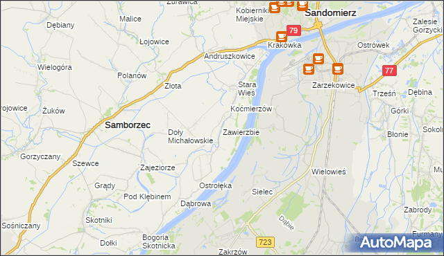 mapa Zawierzbie gmina Samborzec, Zawierzbie gmina Samborzec na mapie Targeo