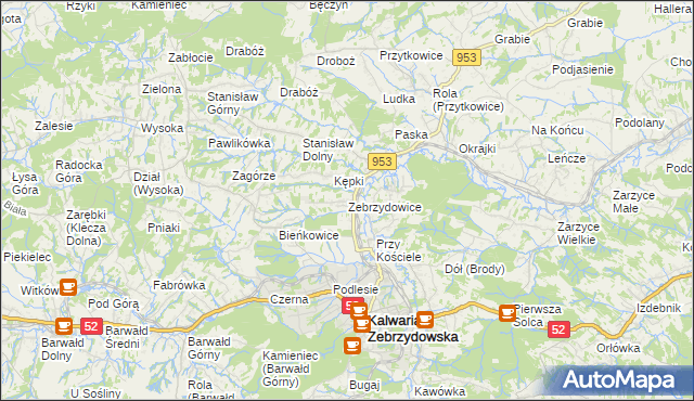 mapa Zebrzydowice gmina Kalwaria Zebrzydowska, Zebrzydowice gmina Kalwaria Zebrzydowska na mapie Targeo
