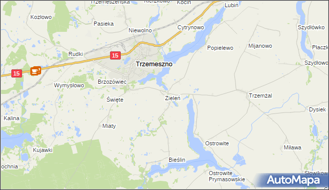 mapa Zieleń gmina Trzemeszno, Zieleń gmina Trzemeszno na mapie Targeo