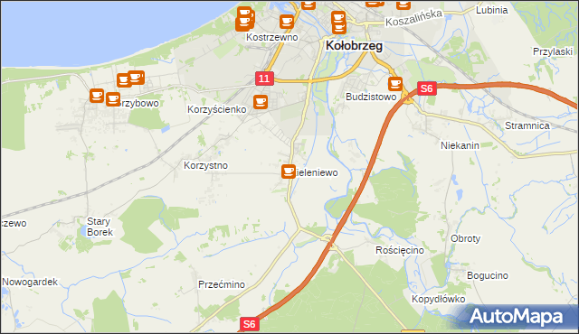 mapa Zieleniewo gmina Kołobrzeg, Zieleniewo gmina Kołobrzeg na mapie Targeo