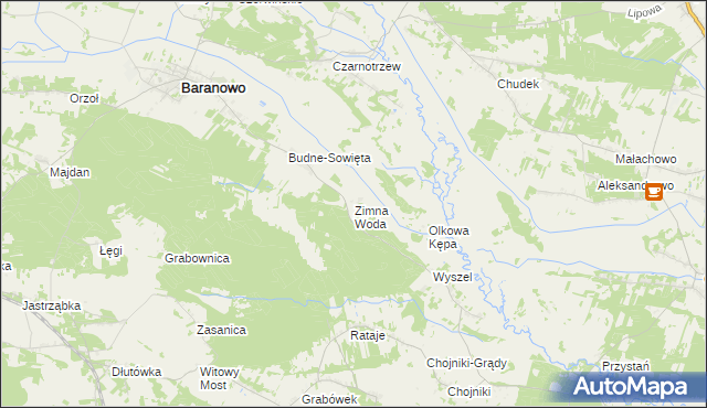 mapa Zimna Woda gmina Baranowo, Zimna Woda gmina Baranowo na mapie Targeo