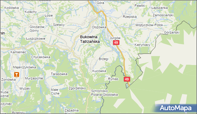 mapa Brzegi gmina Bukowina Tatrzańska, Brzegi gmina Bukowina Tatrzańska na mapie Targeo