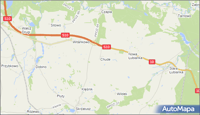 mapa Chude gmina Wałcz, Chude gmina Wałcz na mapie Targeo