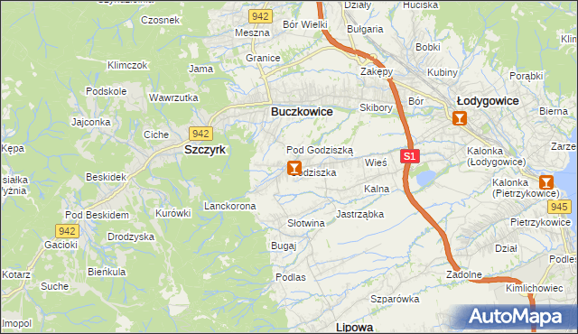 mapa Godziszka gmina Buczkowice, Godziszka gmina Buczkowice na mapie Targeo