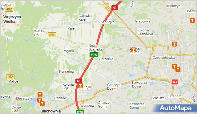 mapa Gorzelnia gmina Blachownia, Gorzelnia gmina Blachownia na mapie Targeo