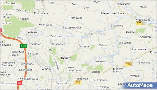 mapa Goszyce gmina Kocmyrzów-Luborzyca, Goszyce gmina Kocmyrzów-Luborzyca na mapie Targeo