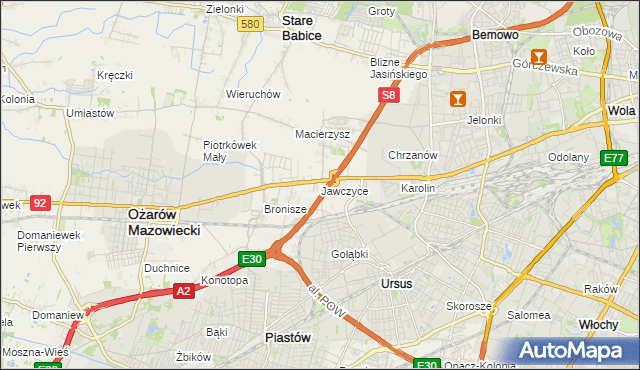 mapa Jawczyce gmina Ożarów Mazowiecki, Jawczyce gmina Ożarów Mazowiecki na mapie Targeo