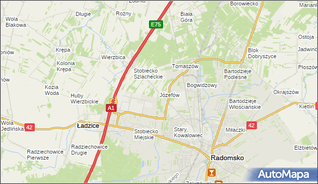 mapa Józefów gmina Ładzice, Józefów gmina Ładzice na mapie Targeo