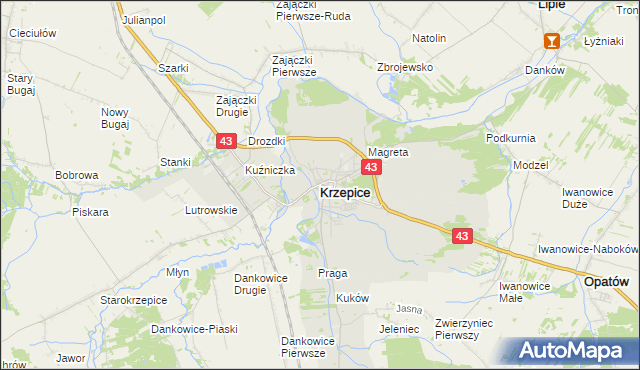 mapa Krzepice powiat kłobucki, Krzepice powiat kłobucki na mapie Targeo