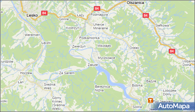 mapa Myczkowce, Myczkowce na mapie Targeo