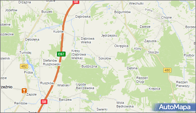 mapa Sokołów gmina Sieradz, Sokołów gmina Sieradz na mapie Targeo