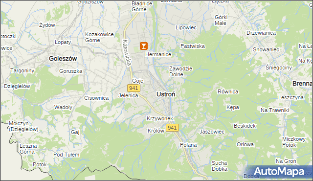 mapa Ustroń powiat cieszyński, Ustroń powiat cieszyński na mapie Targeo