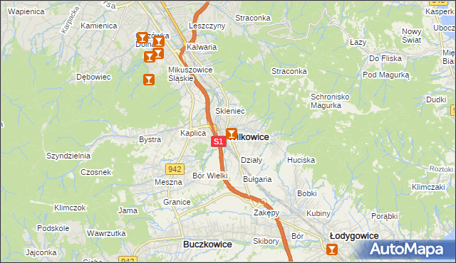 mapa Wilkowice powiat bielski, Wilkowice powiat bielski na mapie Targeo