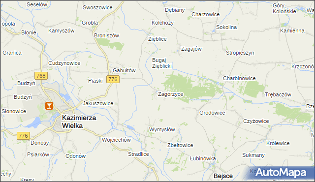 mapa Zagórzyce gmina Kazimierza Wielka, Zagórzyce gmina Kazimierza Wielka na mapie Targeo