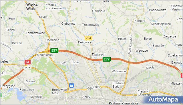 mapa Zielonki powiat krakowski, Zielonki powiat krakowski na mapie Targeo