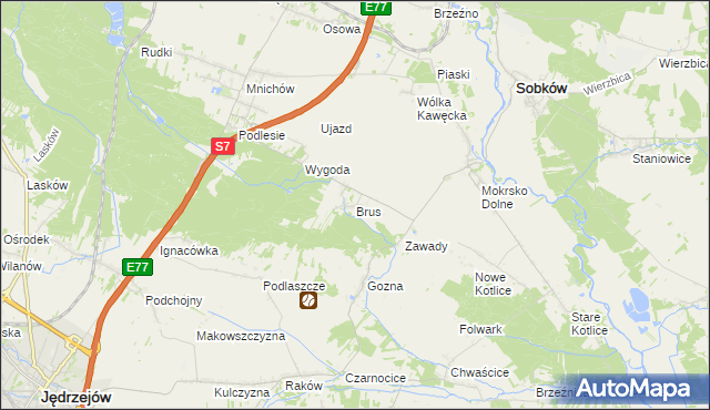 mapa Brus gmina Jędrzejów, Brus gmina Jędrzejów na mapie Targeo