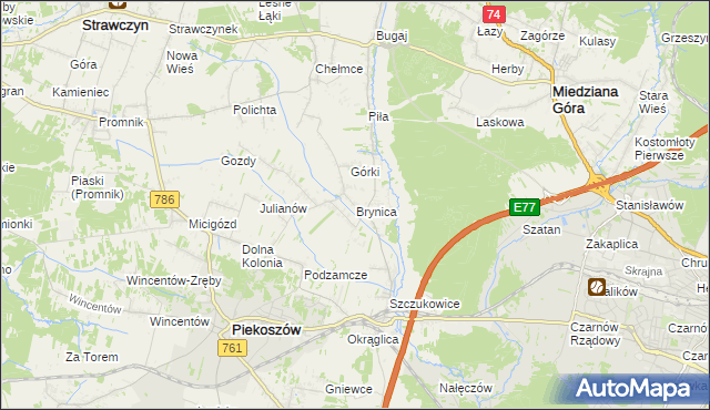 mapa Brynica gmina Piekoszów, Brynica gmina Piekoszów na mapie Targeo
