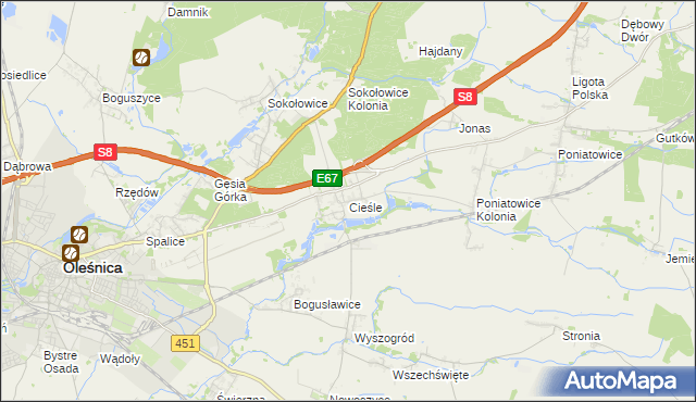 mapa Cieśle gmina Oleśnica, Cieśle gmina Oleśnica na mapie Targeo