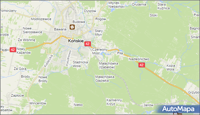 mapa Górny Młyn gmina Końskie, Górny Młyn gmina Końskie na mapie Targeo