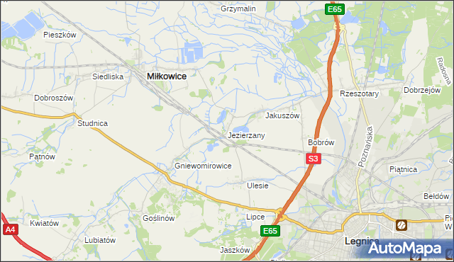 mapa Jezierzany gmina Miłkowice, Jezierzany gmina Miłkowice na mapie Targeo