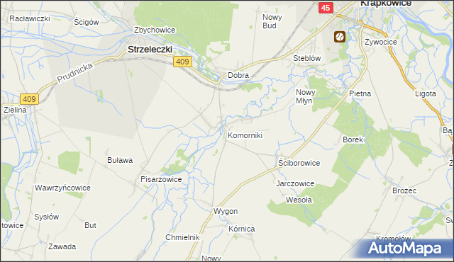 mapa Komorniki gmina Strzeleczki, Komorniki gmina Strzeleczki na mapie Targeo