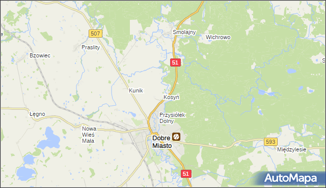 mapa Kosyń gmina Dobre Miasto, Kosyń gmina Dobre Miasto na mapie Targeo