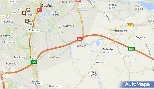 mapa Krępiec gmina Pruszcz Gdański, Krępiec gmina Pruszcz Gdański na mapie Targeo