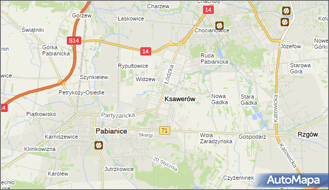 mapa Ksawerów powiat pabianicki, Ksawerów powiat pabianicki na mapie Targeo