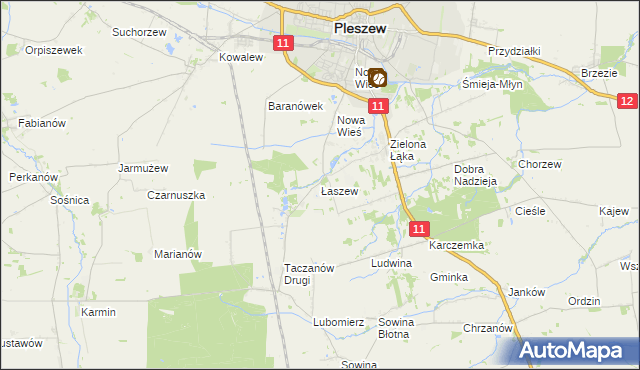 mapa Łaszew gmina Pleszew, Łaszew gmina Pleszew na mapie Targeo