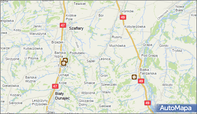 mapa Leśnica gmina Bukowina Tatrzańska, Leśnica gmina Bukowina Tatrzańska na mapie Targeo