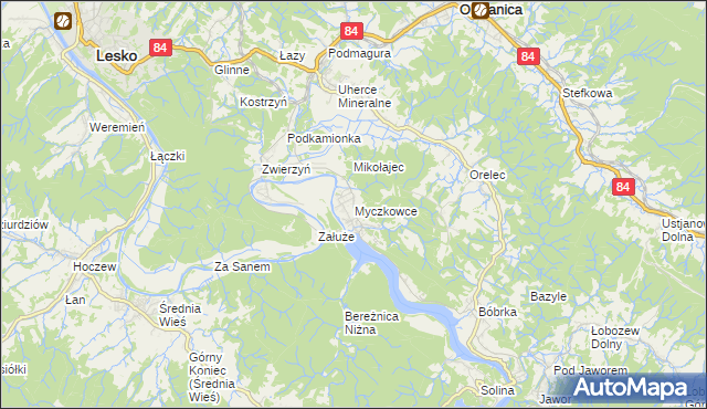 mapa Myczkowce, Myczkowce na mapie Targeo