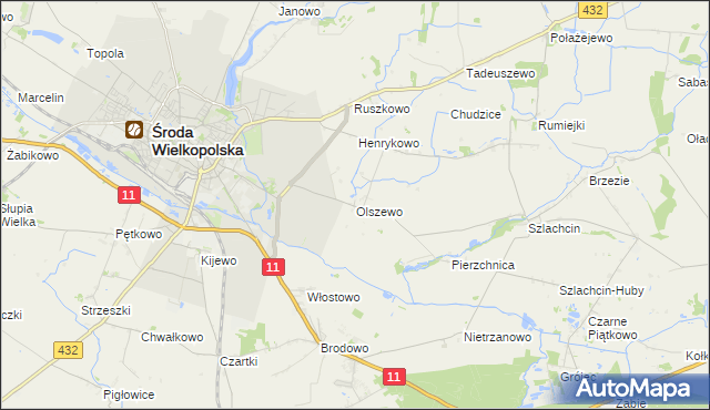 mapa Olszewo gmina Środa Wielkopolska, Olszewo gmina Środa Wielkopolska na mapie Targeo