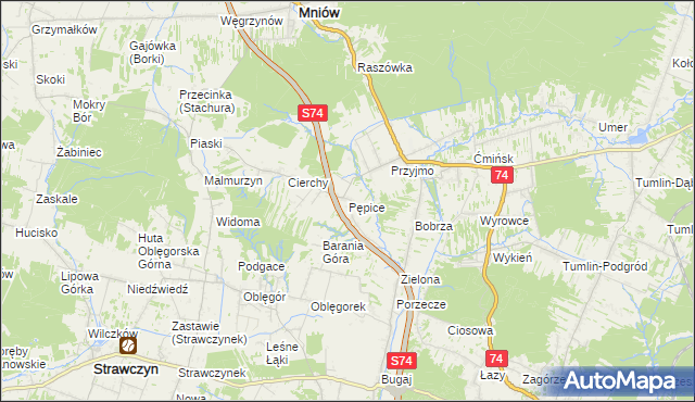 mapa Pępice gmina Mniów, Pępice gmina Mniów na mapie Targeo