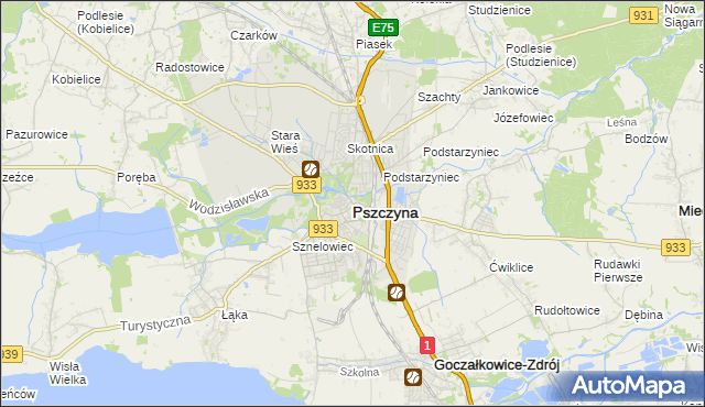 mapa Pszczyny, Pszczyna na mapie Targeo