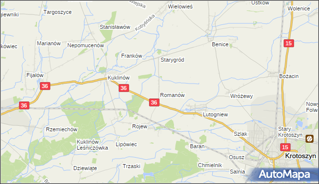 mapa Romanów gmina Krotoszyn, Romanów gmina Krotoszyn na mapie Targeo