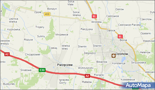 mapa Śliwniki gmina Parzęczew, Śliwniki gmina Parzęczew na mapie Targeo