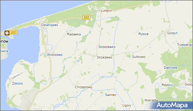 mapa Strzeżewo gmina Kamień Pomorski, Strzeżewo gmina Kamień Pomorski na mapie Targeo