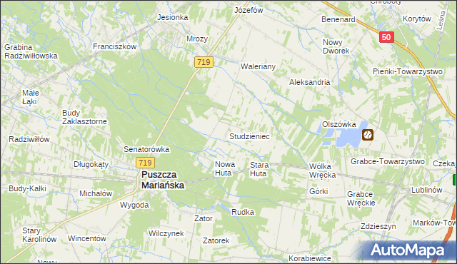 mapa Studzieniec gmina Puszcza Mariańska, Studzieniec gmina Puszcza Mariańska na mapie Targeo