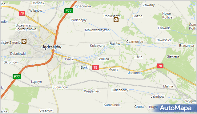 mapa Wolica gmina Jędrzejów, Wolica gmina Jędrzejów na mapie Targeo