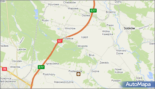 mapa Wygoda gmina Jędrzejów, Wygoda gmina Jędrzejów na mapie Targeo