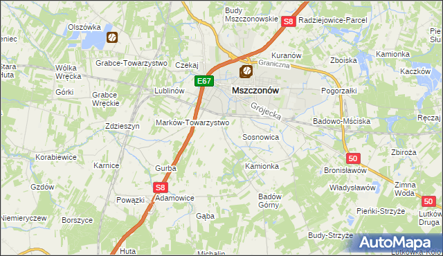 mapa Wymysłów gmina Mszczonów, Wymysłów gmina Mszczonów na mapie Targeo