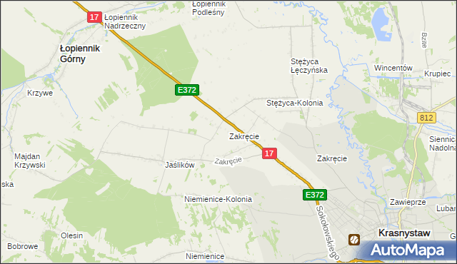mapa Zakręcie gmina Krasnystaw, Zakręcie gmina Krasnystaw na mapie Targeo